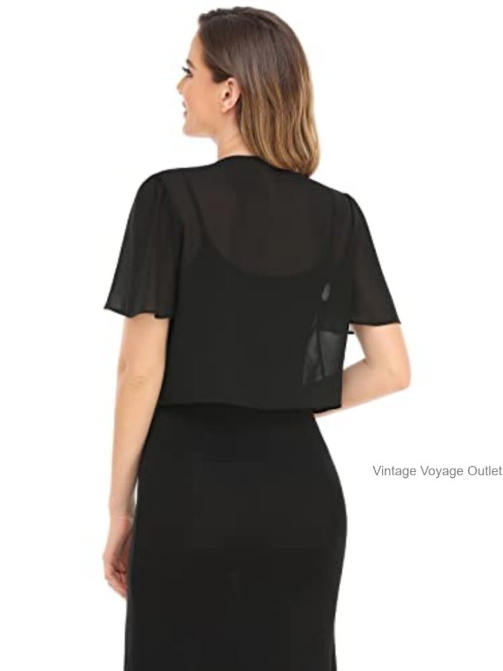 Women Sheer Chiffon Bolero Shrug Short Sleeve Cropped Cardigan - Picture 6 of 6